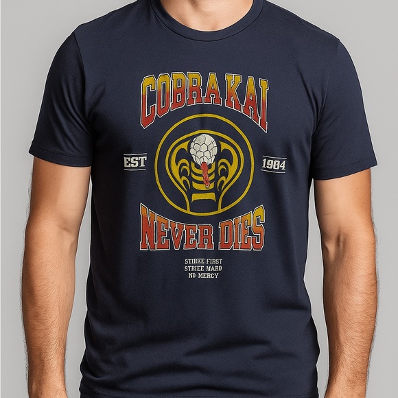 Bioworld Cobra Kai Never Dies Sz Lg T-Shirt Blue 100% Cotton Excellent Used Con - Picture 1 of 8